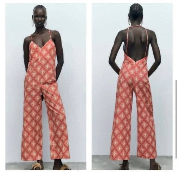 New Zara The Jami V-Neck Open Back Wide Leg Terracotta Print Jumpsuit NWT Small - Picture 6 of 15